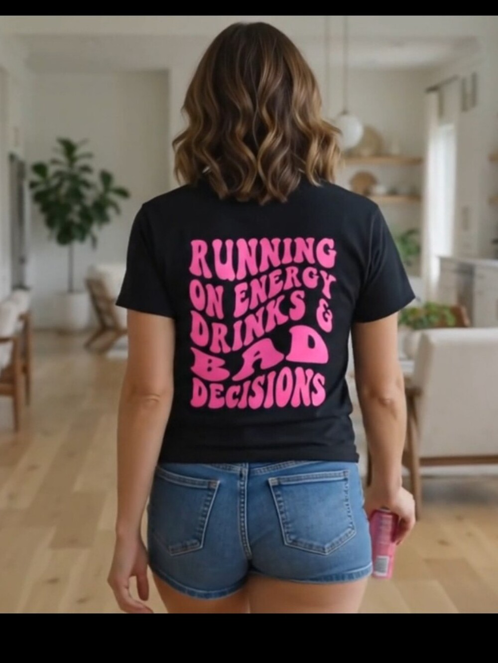 Funny shirt Running On Energy Drinks And Bad Decisions humor black Pink retro